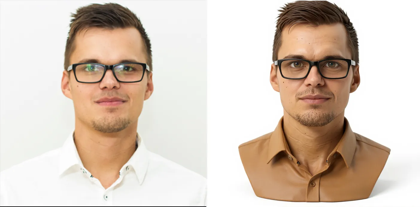 Example of 3D bust generated from photo. Left is photo, right is 3D bust.