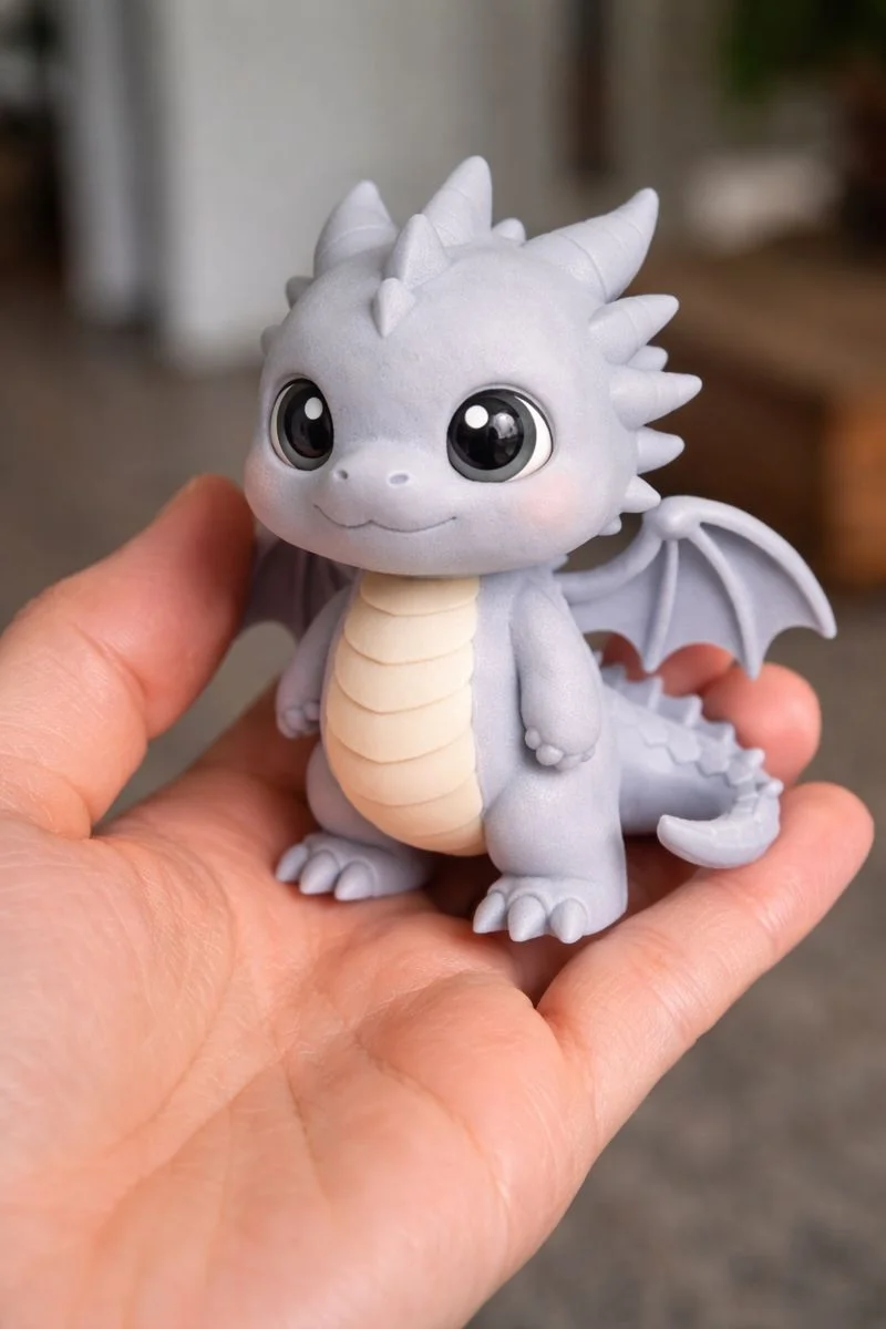 3D dragon print showcase showing a chibi 3D dragon model printed and held in hand