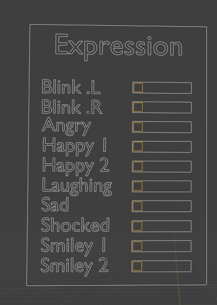 Blender Expression panel for University Student: Blink L and R, Angry, Happy 1 and 2, Laughing, Sad, Shocked, Smiley 1 and 2 sliders