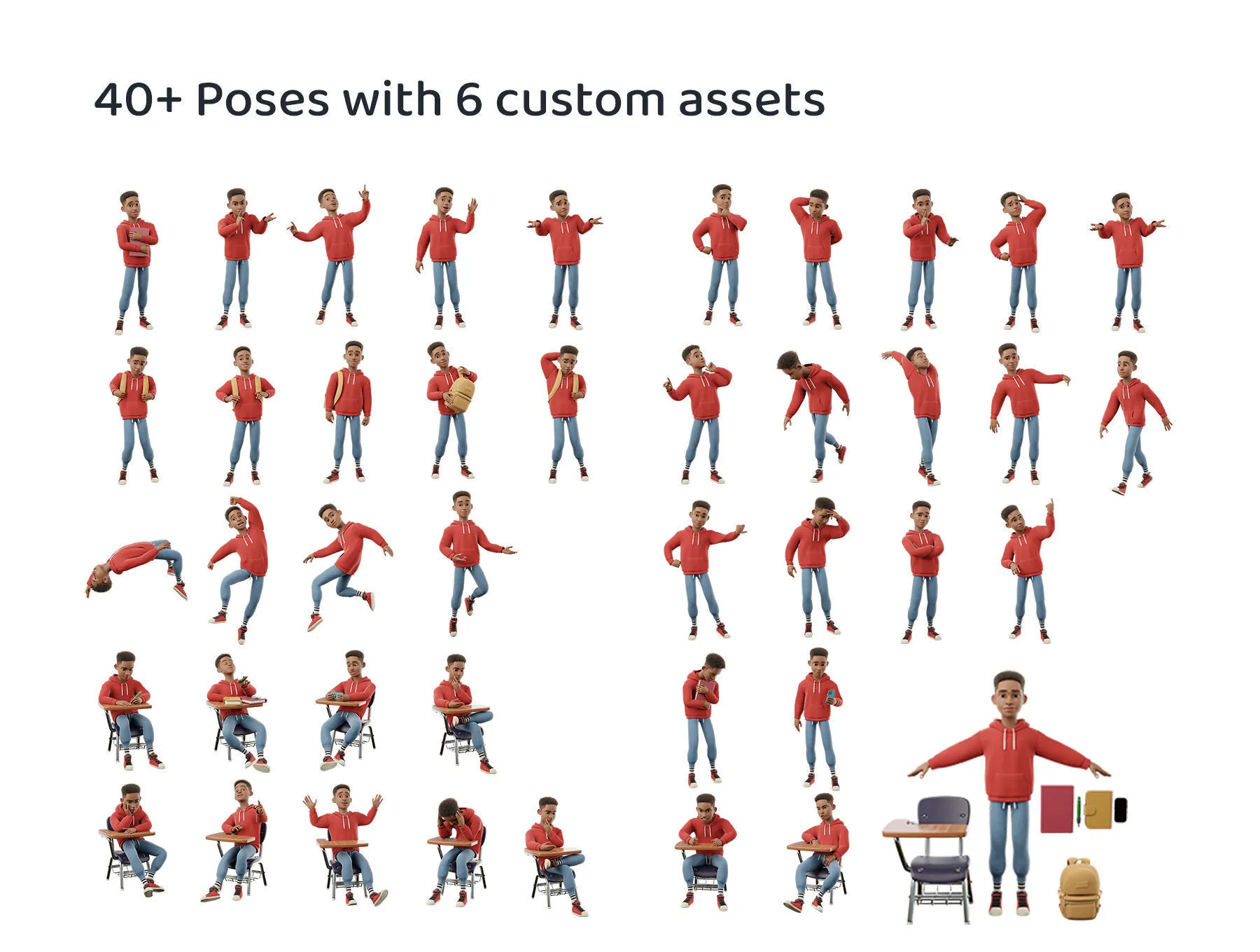 40+ pre-made poses for stylized black man teen character 3D character