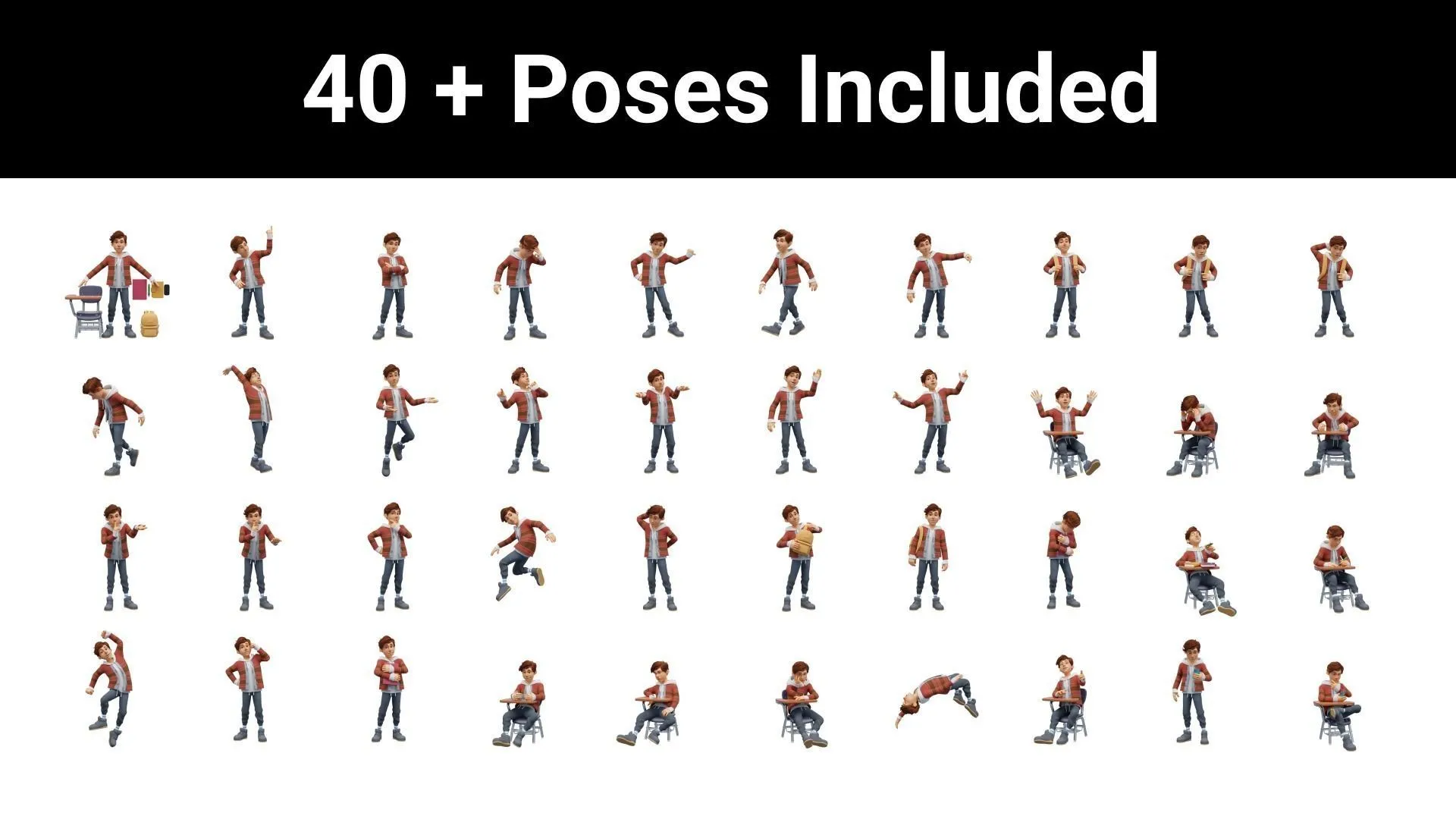 40+ pre-made poses for Cartoon Boy Teen