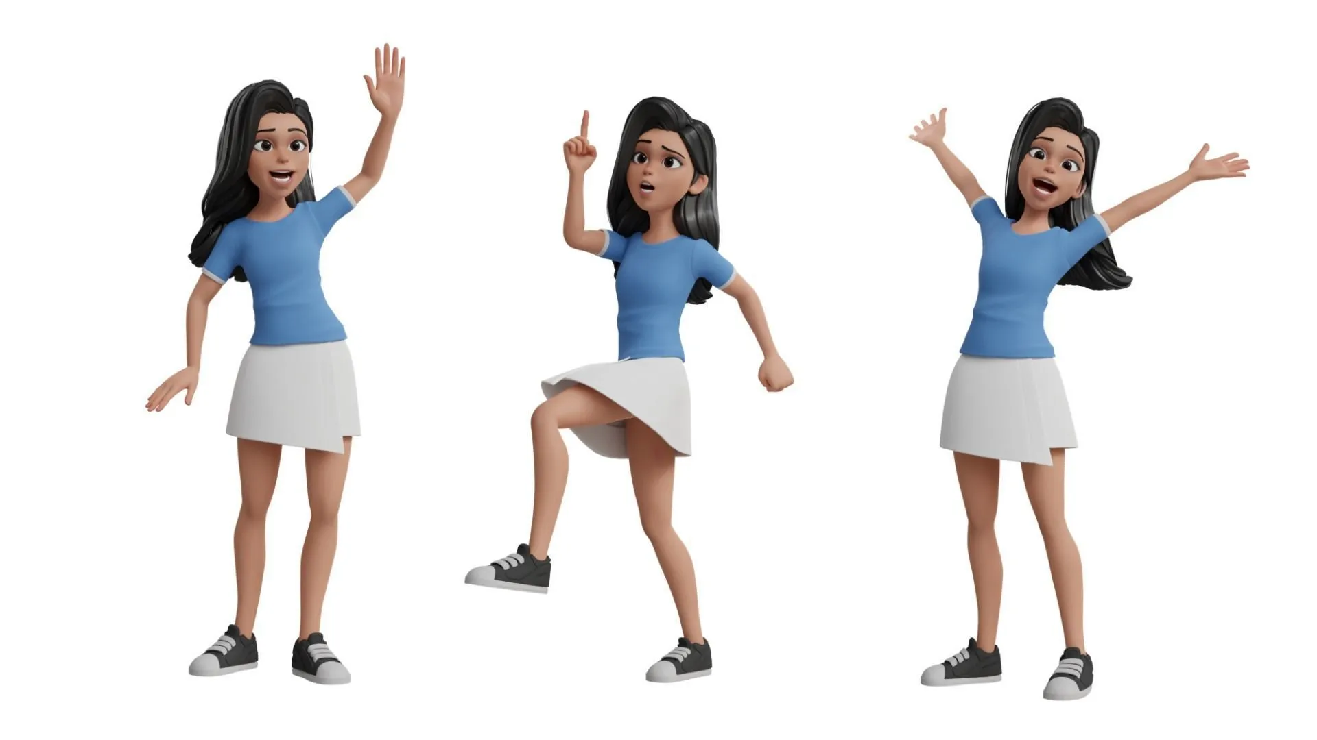 Cartoon White Woman Teen rigged 3D character in different pose