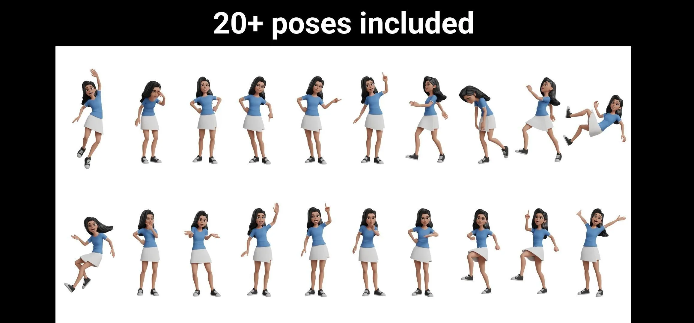 20 pre-made poses for Cartoon White Woman Teen