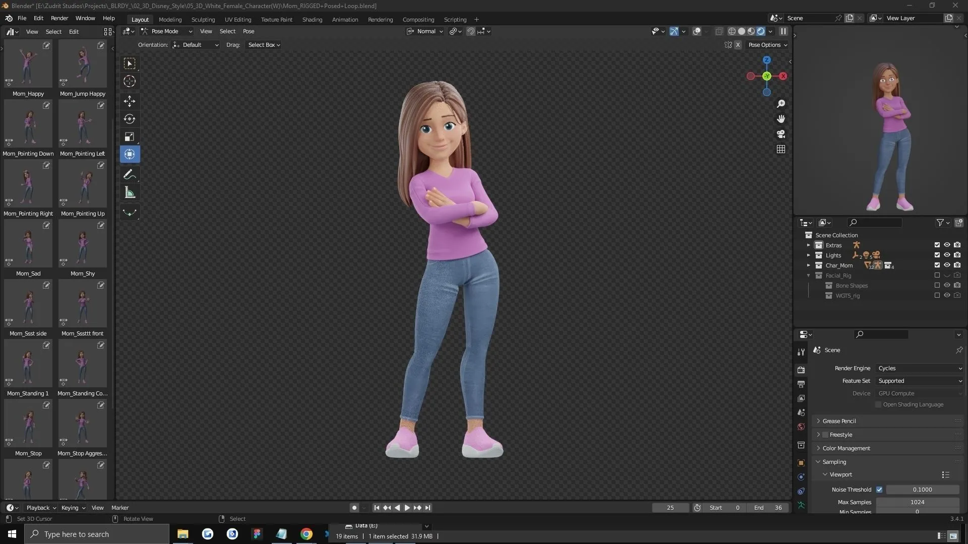 Cartoon Woman Rigged 3D character animation preview