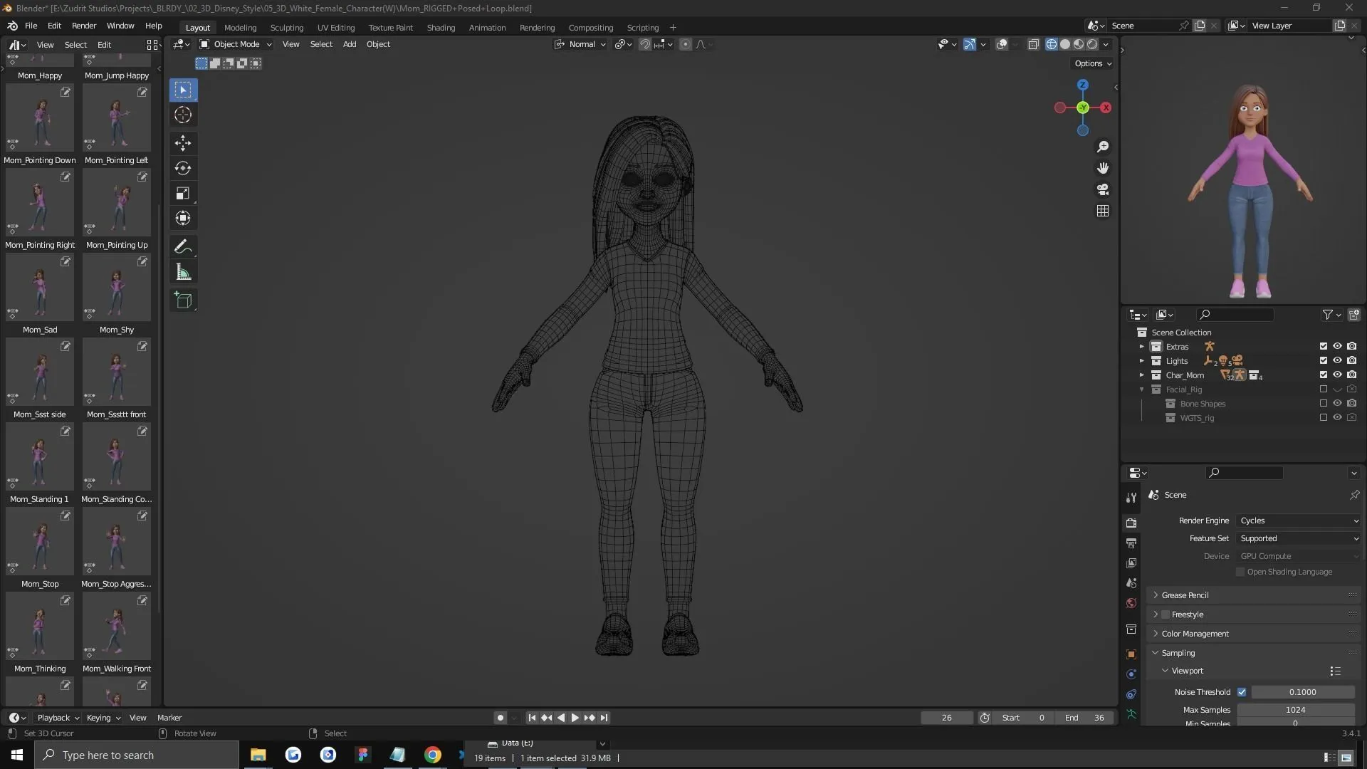 Low-poly quad topology 3D cartoon woman rigged character wireframe