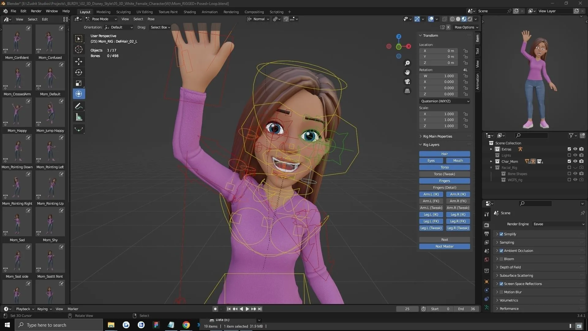 Cartoon Woman Teen - Rigged 3D Character in Blender with face rig