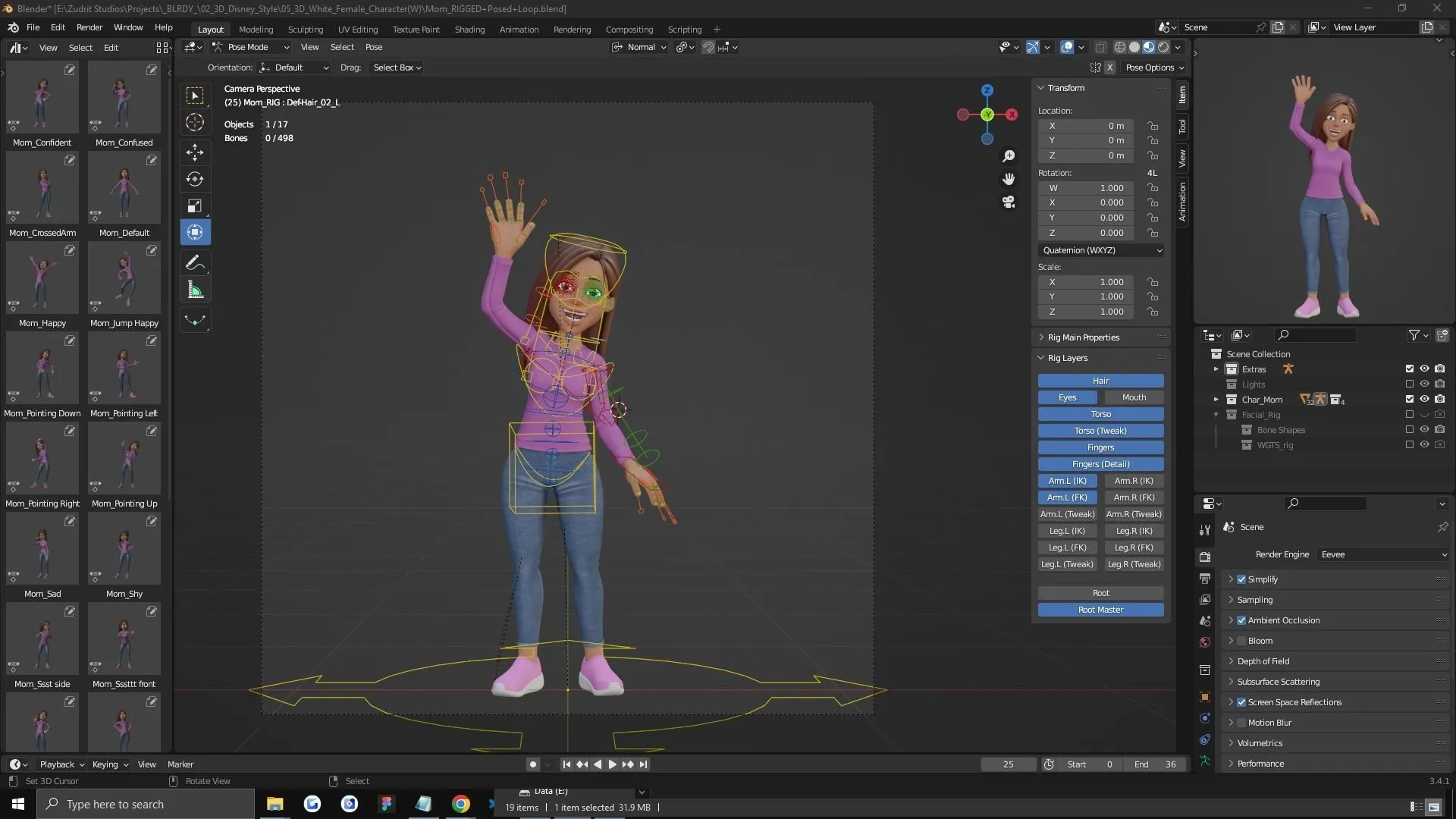 Rigify rigging system with professional rig controls for cartoon woman rigged
