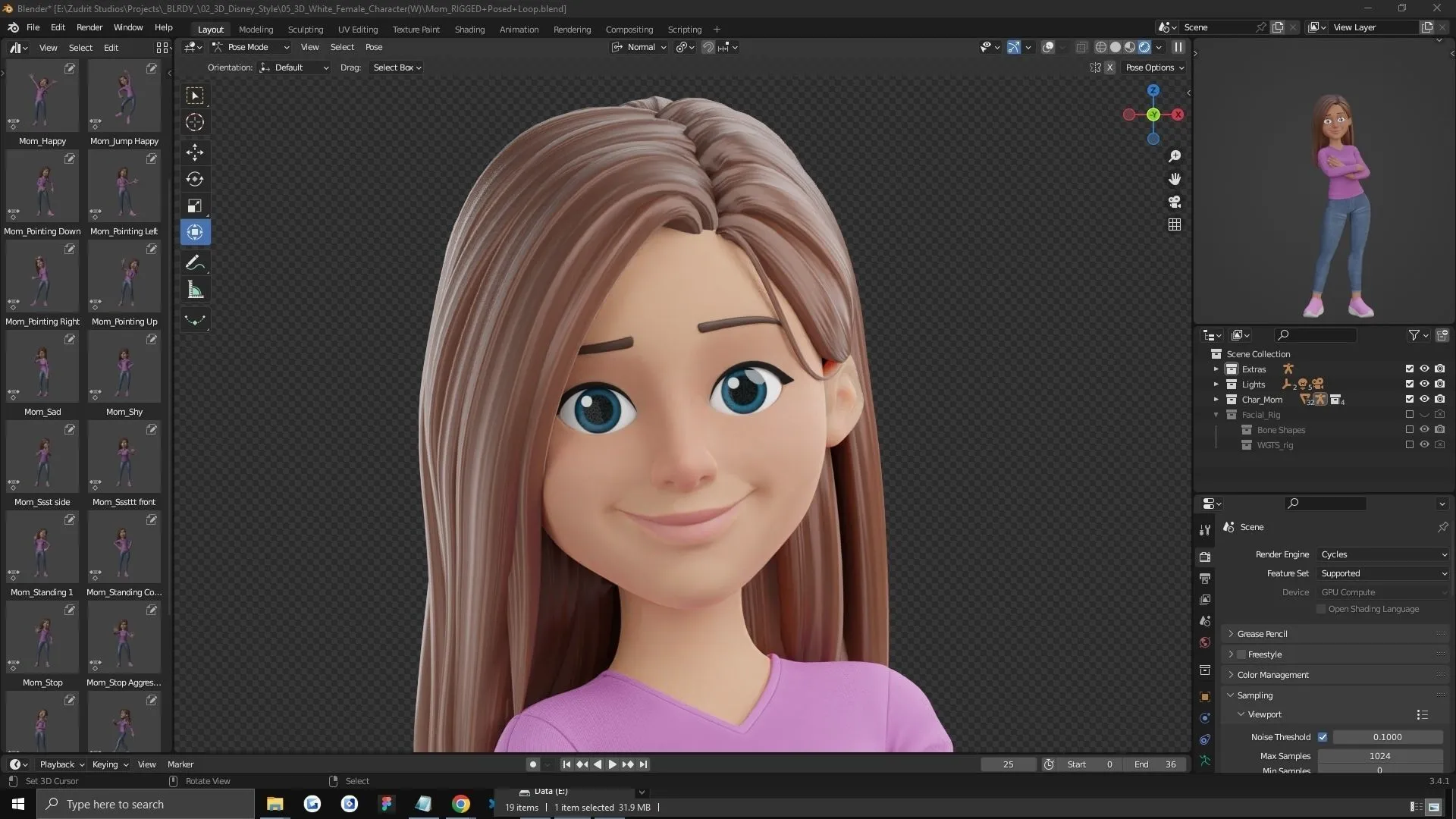 UV unwrapped cartoon woman rigged 3D model texture mapping