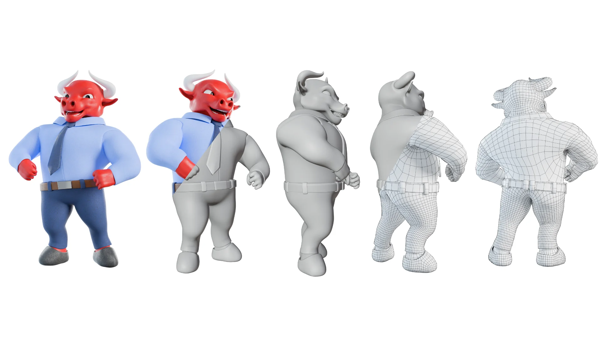 Cartoon business bull mascot 3D character animation showcase
