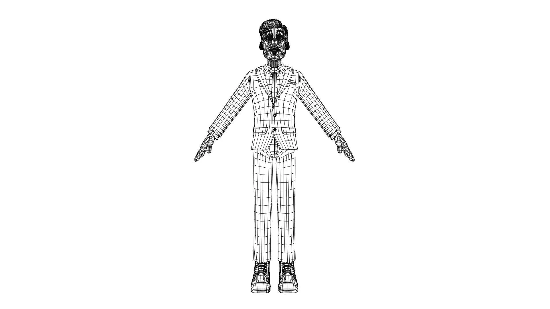 Cartoon Business Man Character low-poly quad topology wireframe mesh
