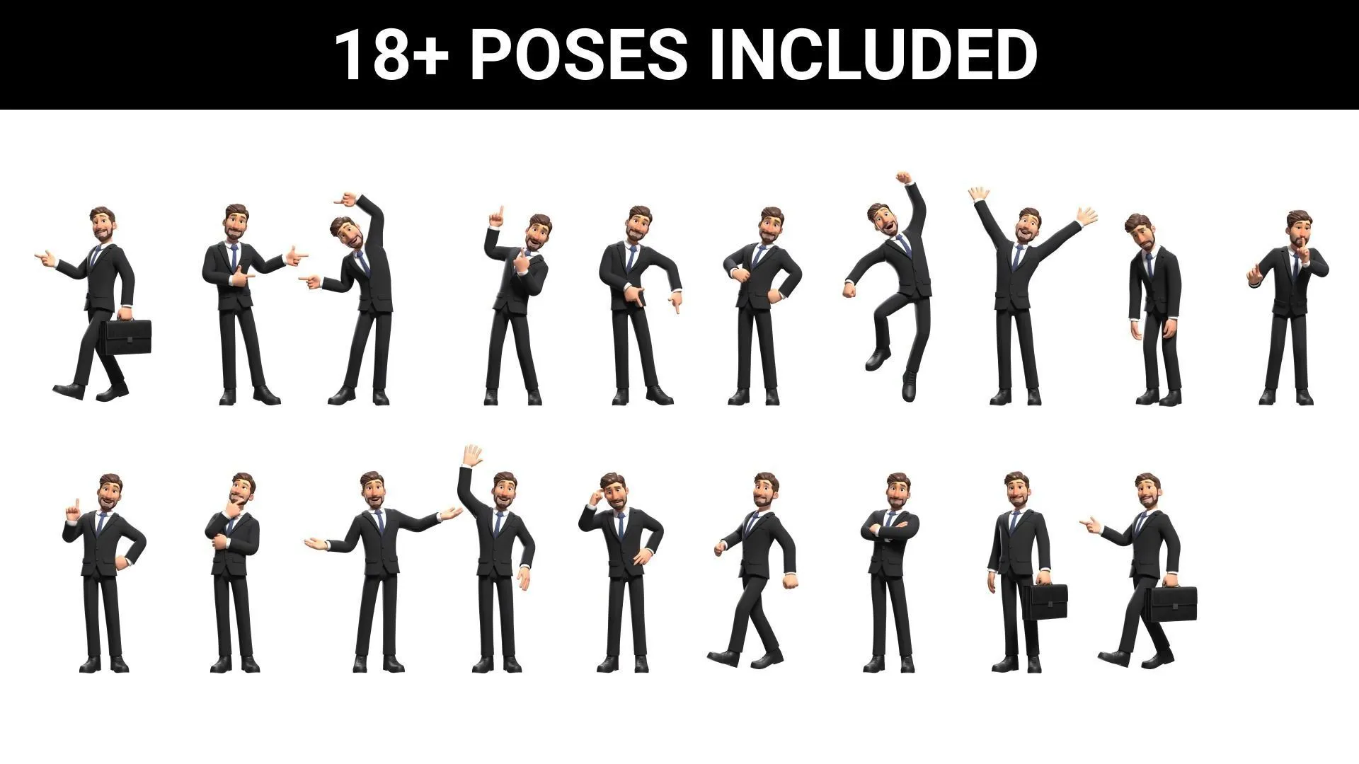18+ pre-made poses for Cartoon Business Man Character