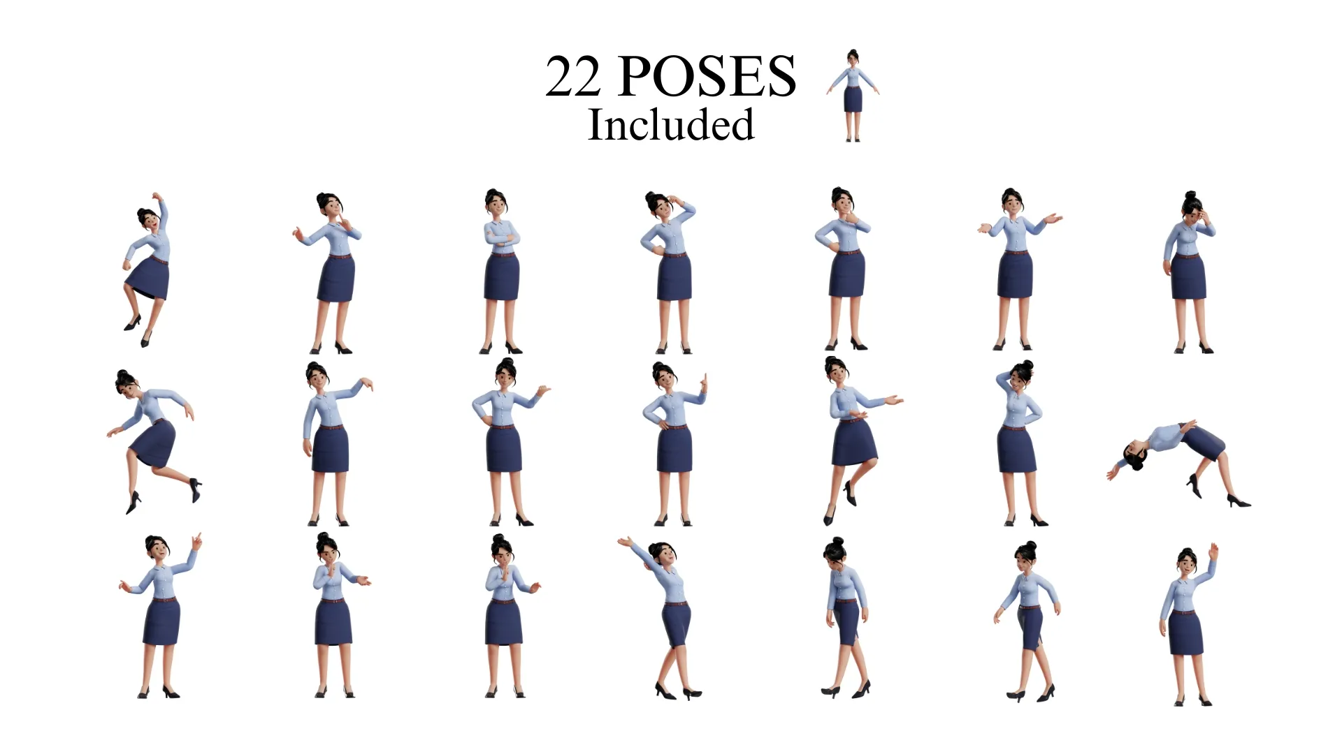 22 pre-made poses for Business Office Cartoon Woman 3D character
