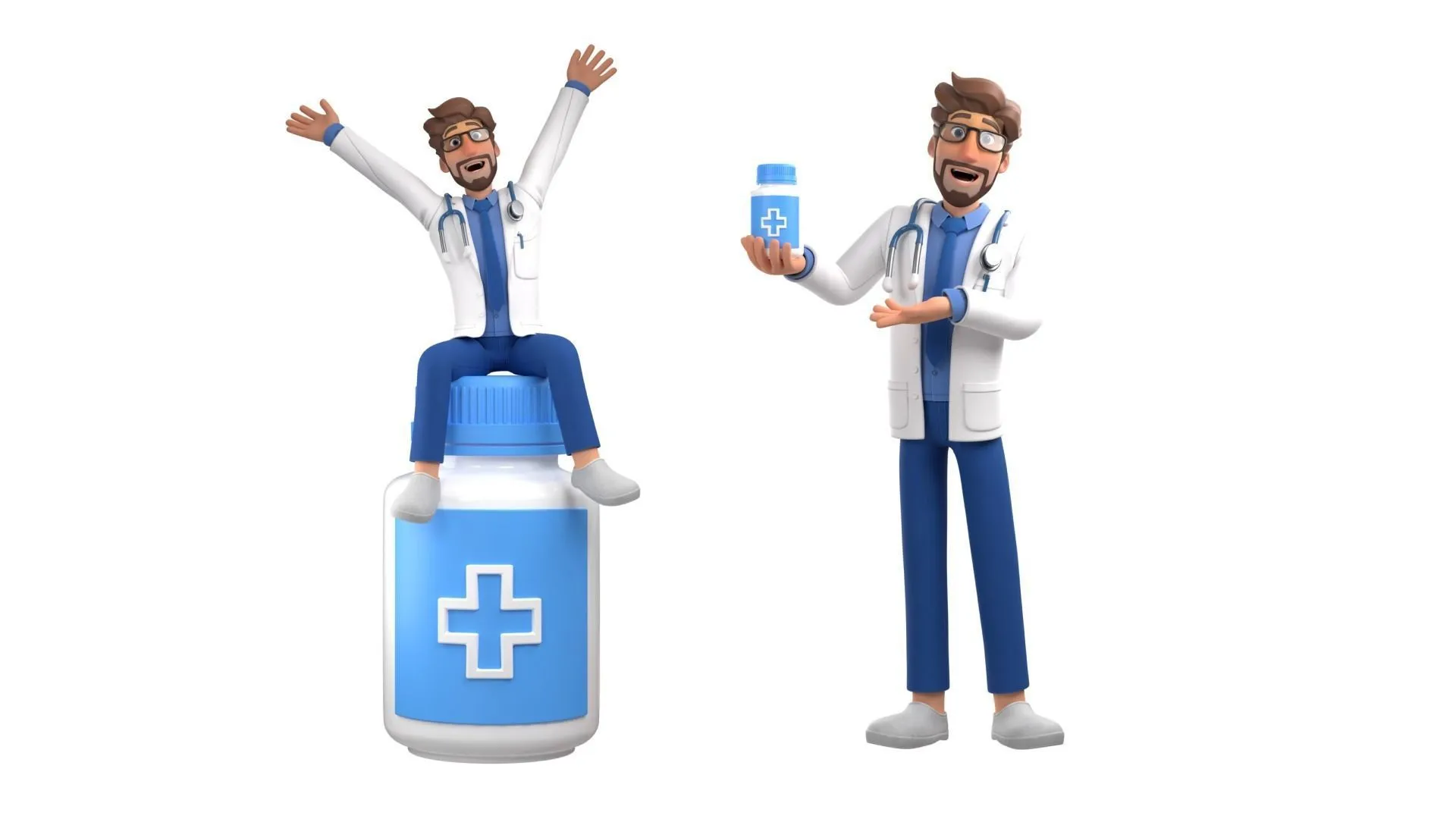 Cartoon Doctor 3D Character rigged in different pose