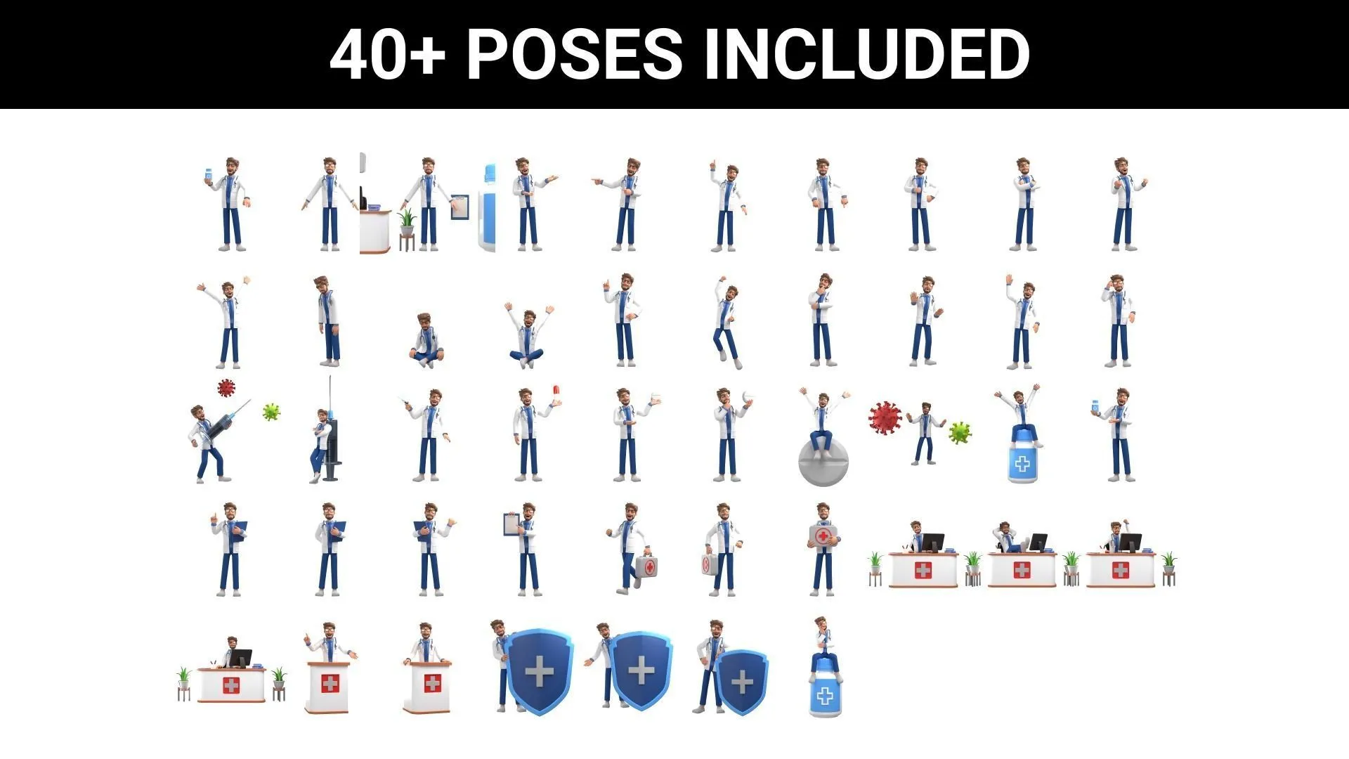 40+ pre-made poses for Cartoon Doctor 3D Character
