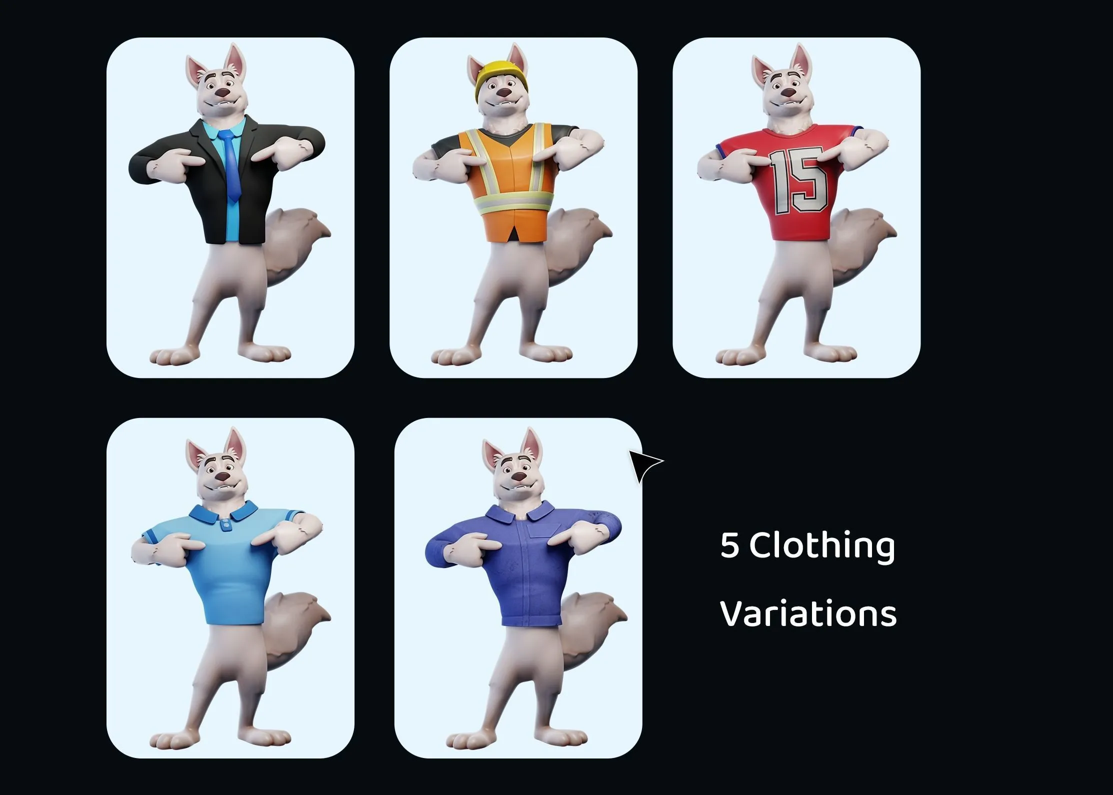 Various clothes options for dog mascot - jersey, t-shirt, working outfit, suit