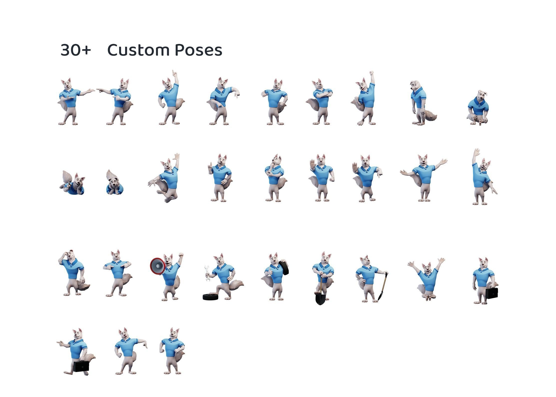 30 pre-made poses for stylized dog mascot 3D character
