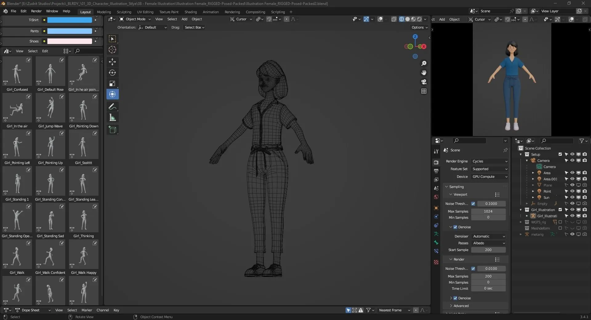Cartoon Woman Illustration low-poly quad topology wireframe mesh