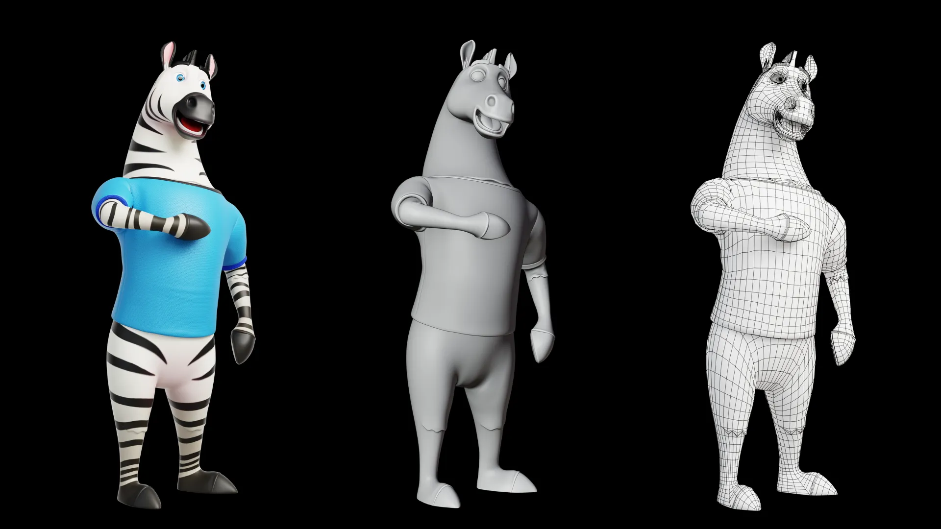 Stylized zebra mascot 3D character showcase 2