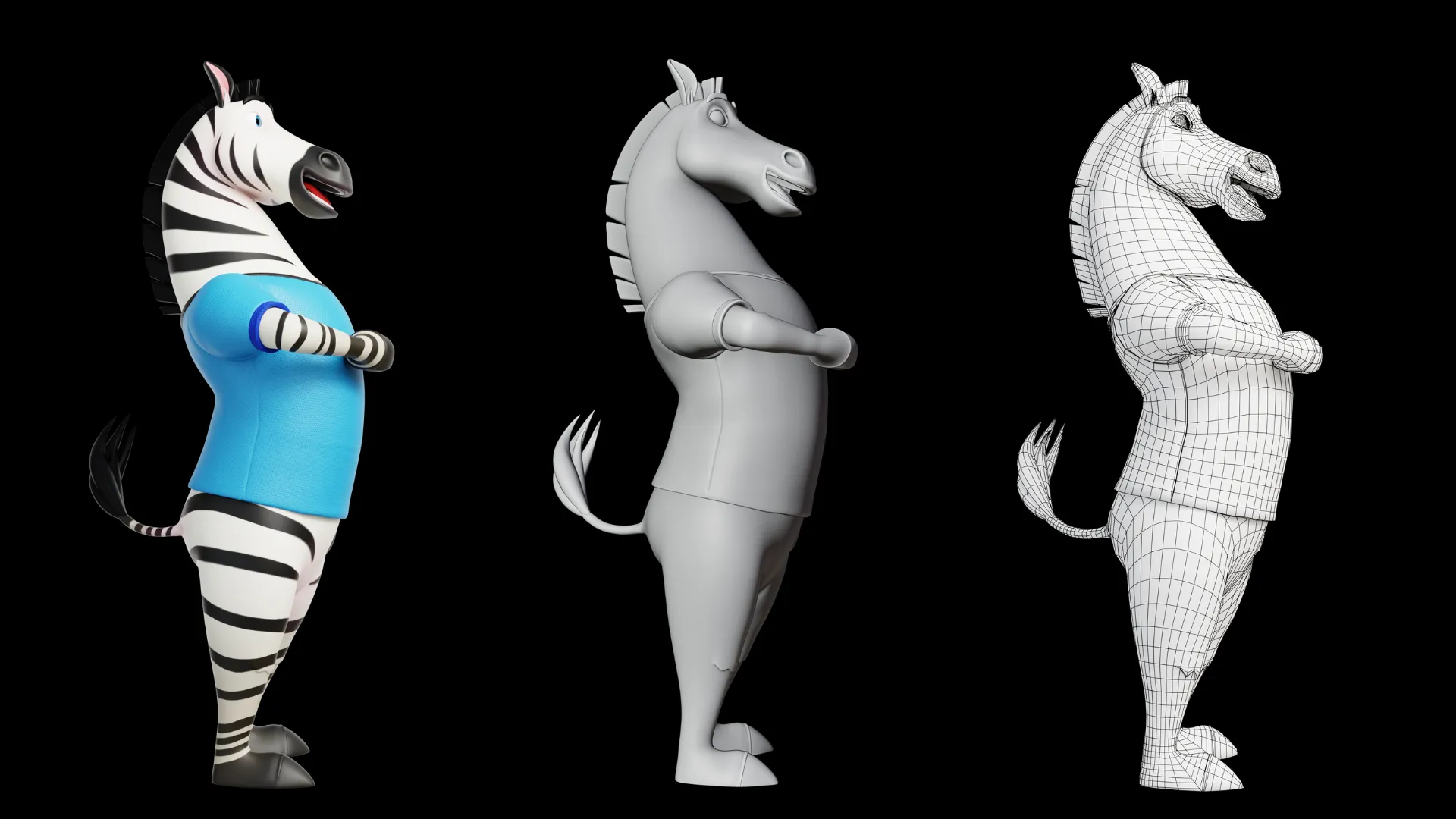 Stylized zebra mascot 3D character showcase 3