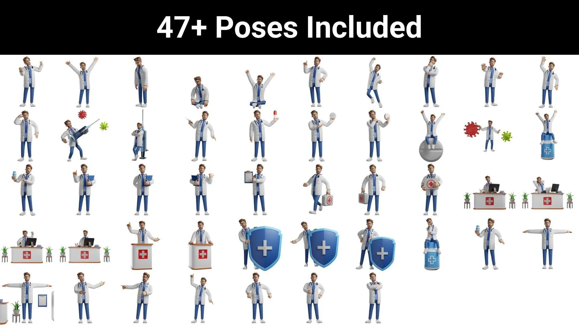 47+ pre-made poses for Doctor Cartoon Male Character
