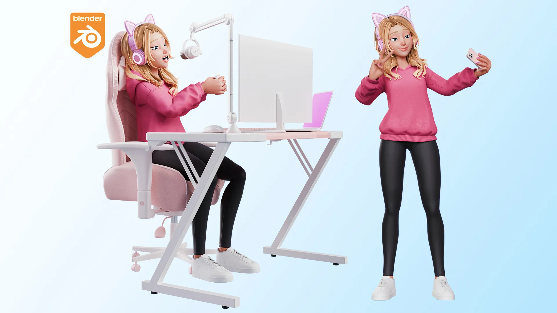 Gamer Girl White Woman 3D model illustration