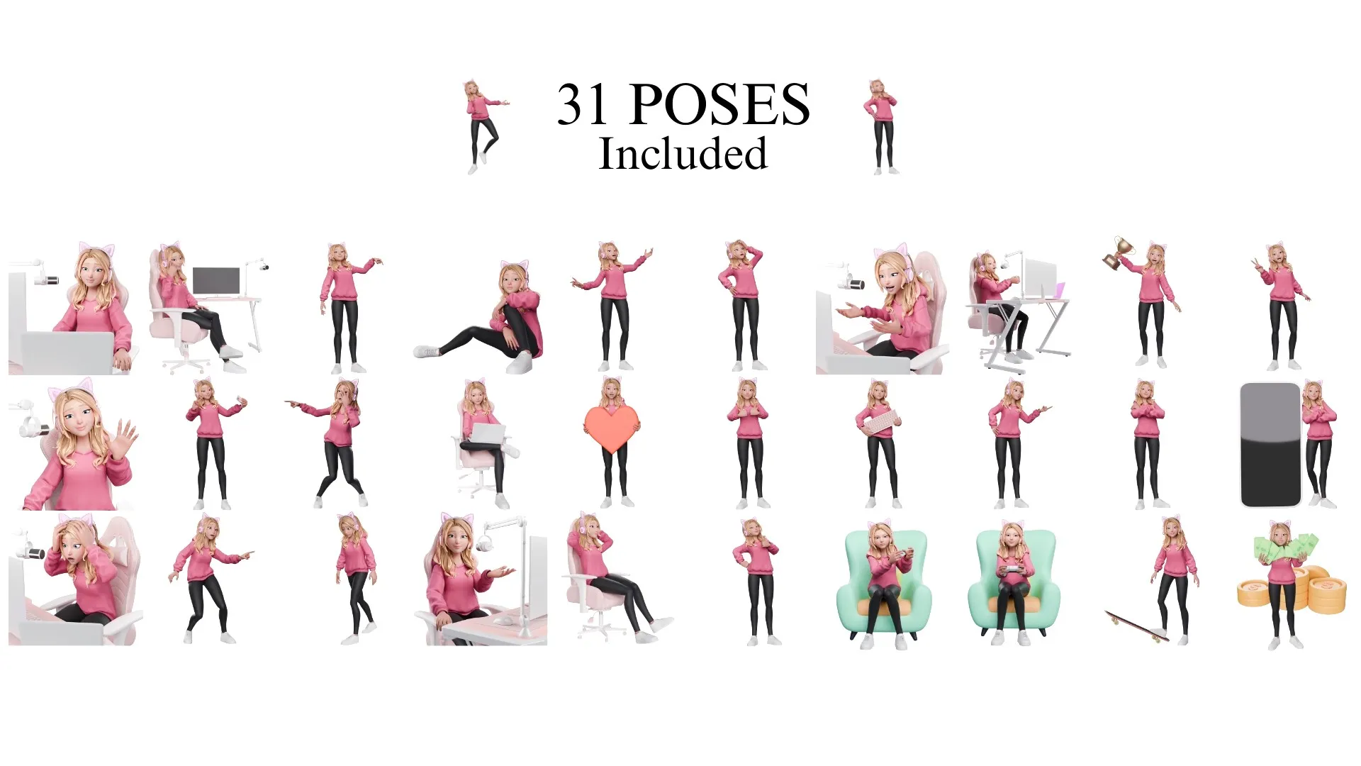 31 pre-made poses for Gamer Girl White Woman 3D character