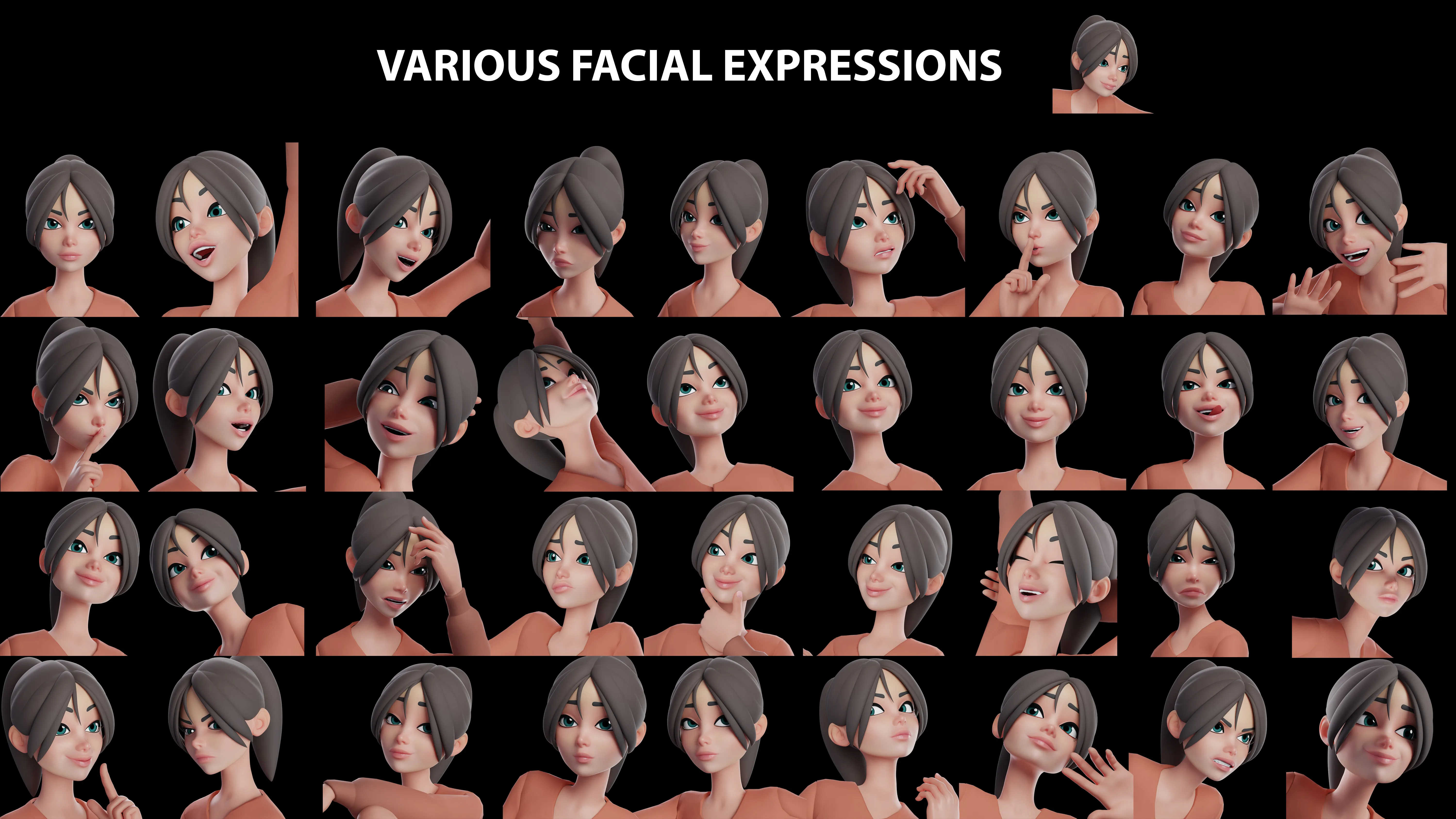 3D Female Teenager character facial expressions showcase