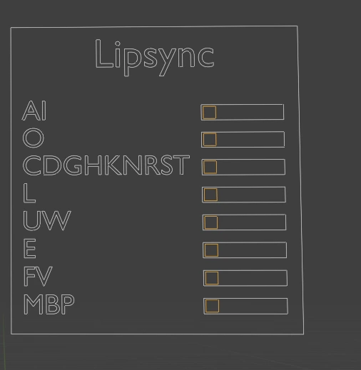 Blender Lipsync panel: AI, O, CDGHKNRST, L, UW, E, FV, MBP viseme sliders