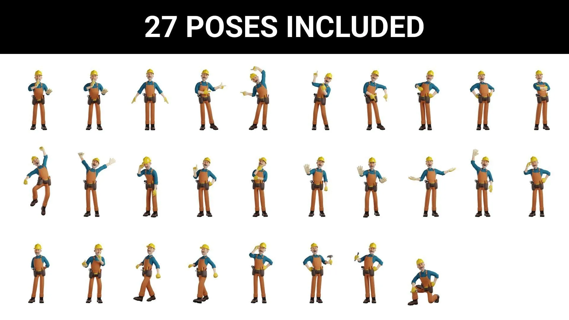 27 pre-made poses for Male Cartoon Builder Character