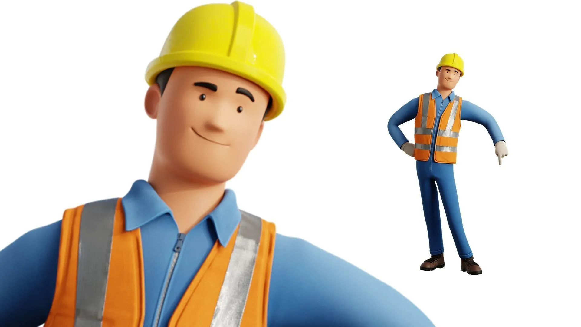 Cartoon Worker Builder Character 3D model construction scene