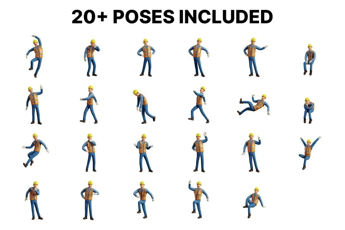 20 pre-made poses for Cartoon Worker Builder Character