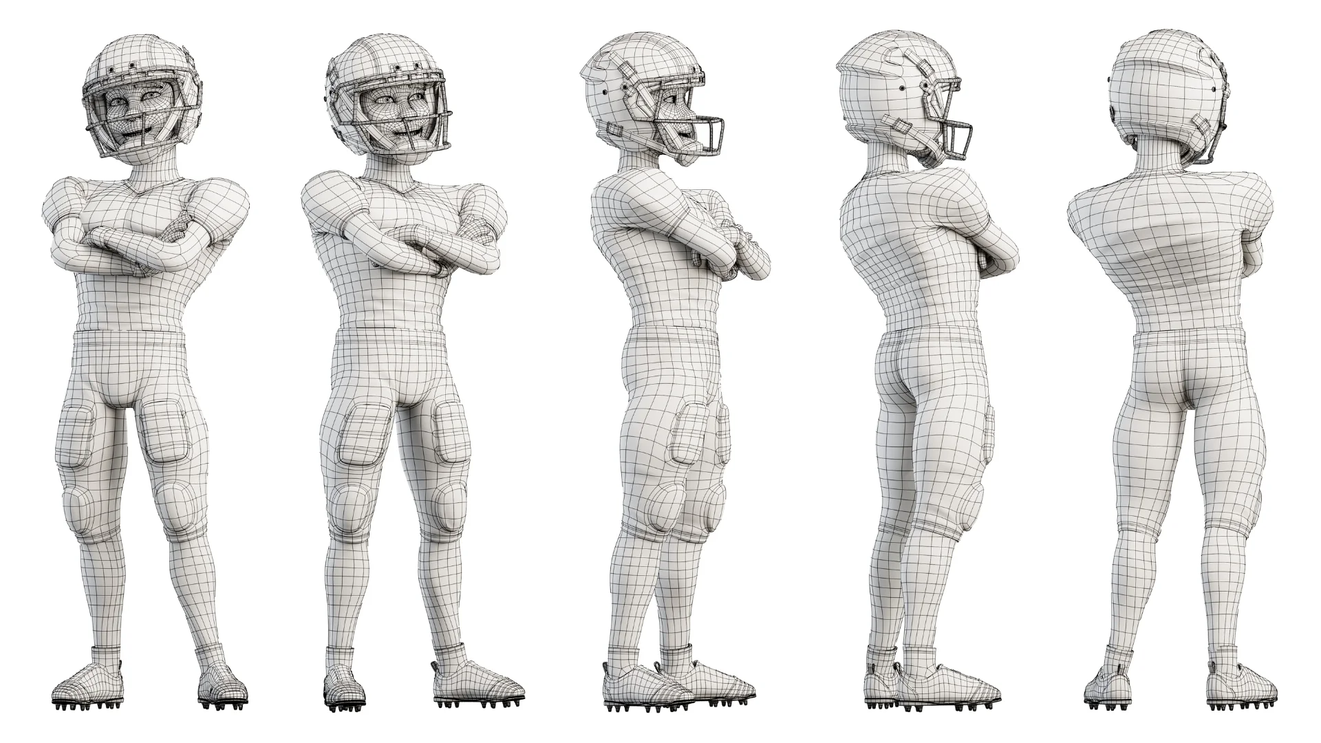 Low-poly quad topology 3D NFL sport player character wireframe