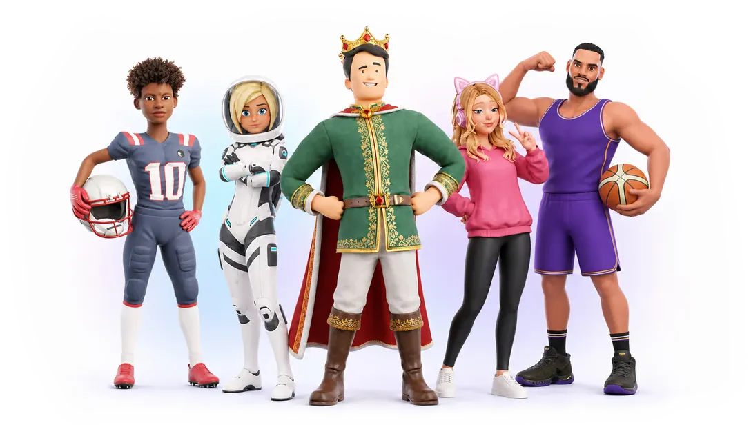 Five stylized 3D characters: an NFL player, astronaut, king, gamer girl, and basketball player