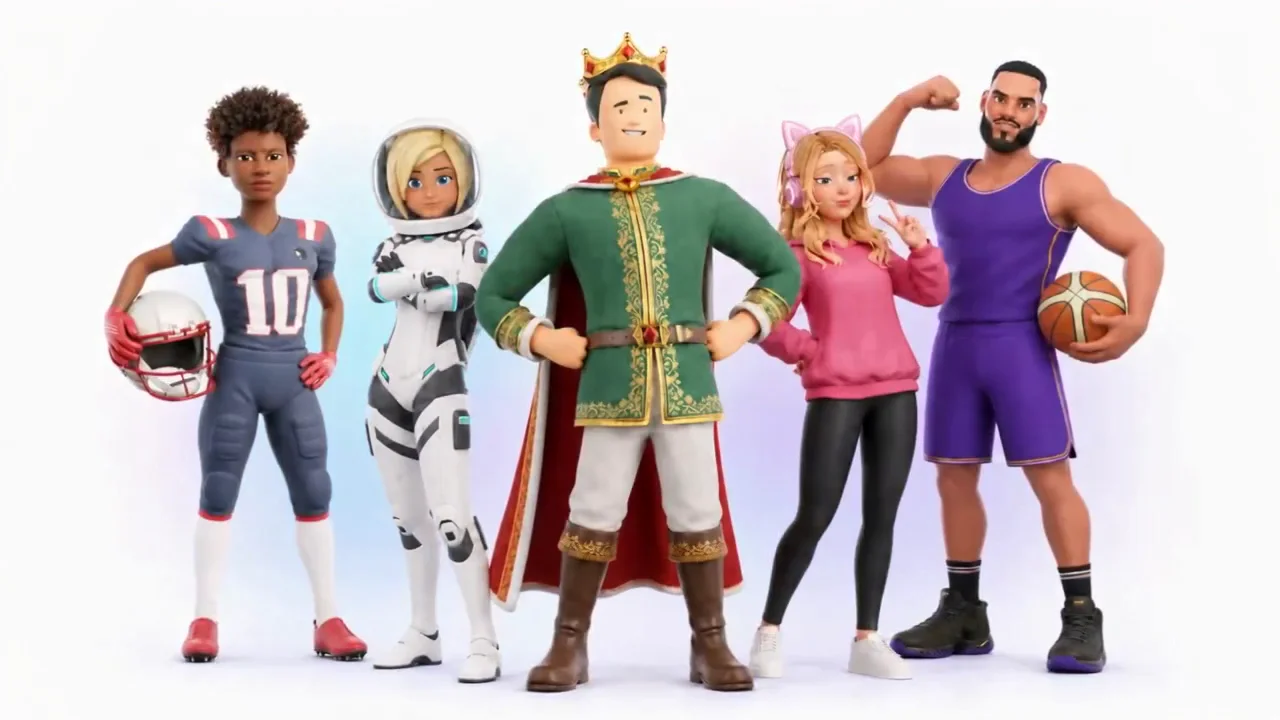 Five stylized 3D characters: an NFL player, astronaut, king, gamer girl, and basketball player