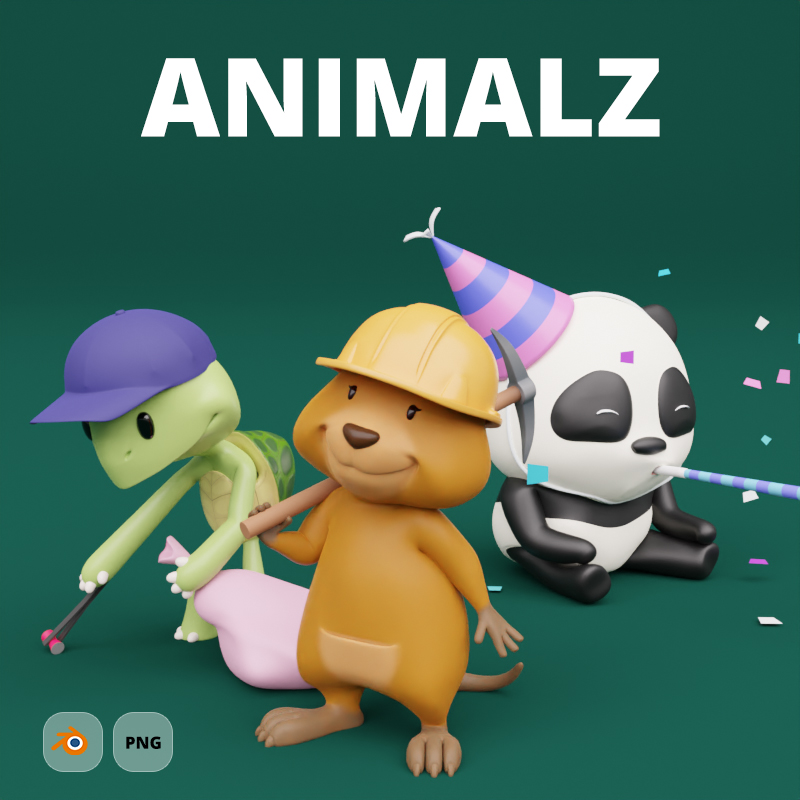 ANIMALZ logo with 3D illustrated cartoon animals - 3D cartoon turtle in a purple hat, 3D cartoon quokka in a construction helmet, and 3D cartoon panda with a party horn and hat against a green backgro