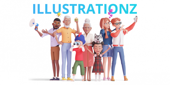 Group of diverse, stylized 3D cartoon characters posing together with a 'ILLUSTRATIONZ' text above them. The collection includes a wide range of characters: a man with a megaphone, a woman holding a b