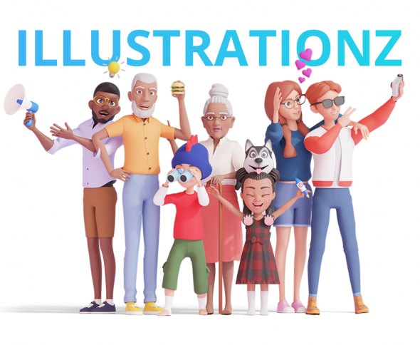 Group of diverse 3D cartoon characters from the ILLUSTRATIONZ pack by ThreeDee, showcasing various poses, emotions, and props. Great for designer and developers.