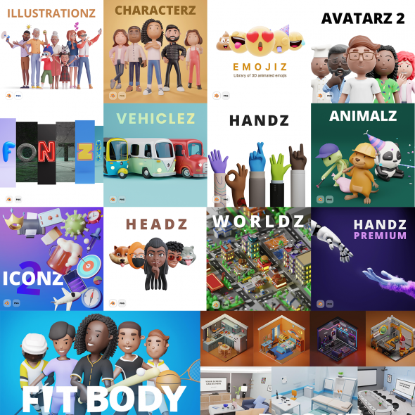 Collage of categorized 3D icons, 3D cartoon characters,3D cartoon emojis,3D cartoon vehicles, 3D cartoon hands, 3D cartoon animals, and 3D rooms.