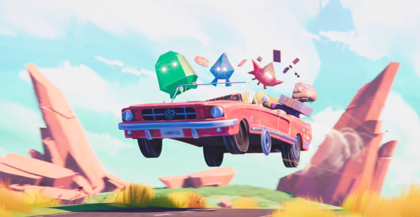 Red vintage car flying with colorful geometric shapes and luggage in a stylized desert.