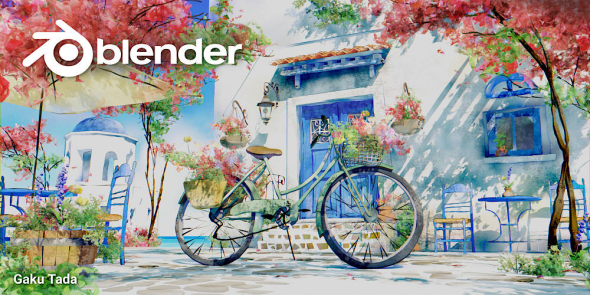  Artistic Blender 4.0 render of a bicycle in a vibrant, colorful courtyard.