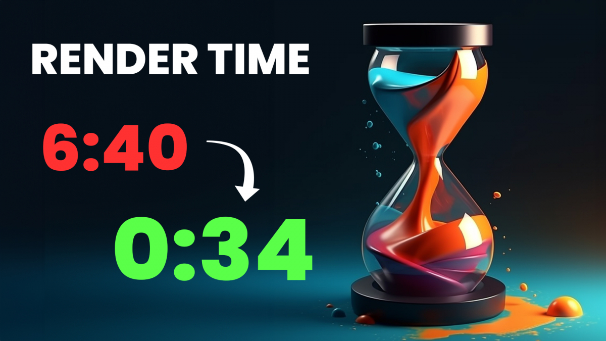 Before and after image showing reduced Blender render time from 6 minutes and 40 seconds to just 34 seconds, demonstrating the effectiveness of optimization tips.