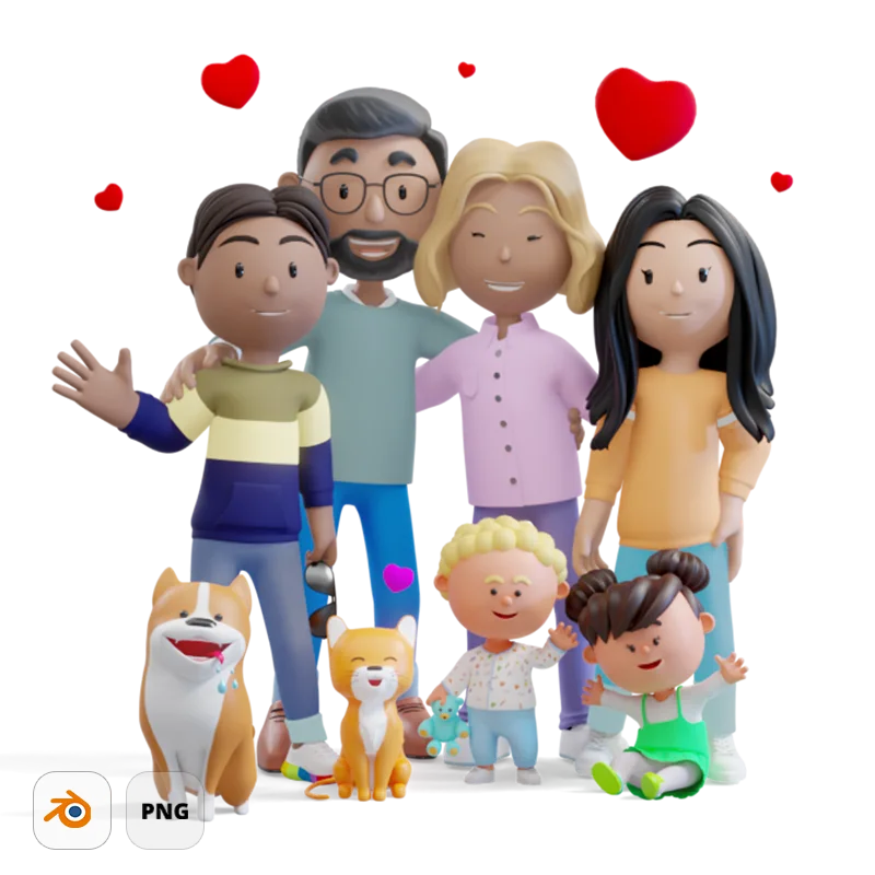 Family cartoon 3D family made in Blender