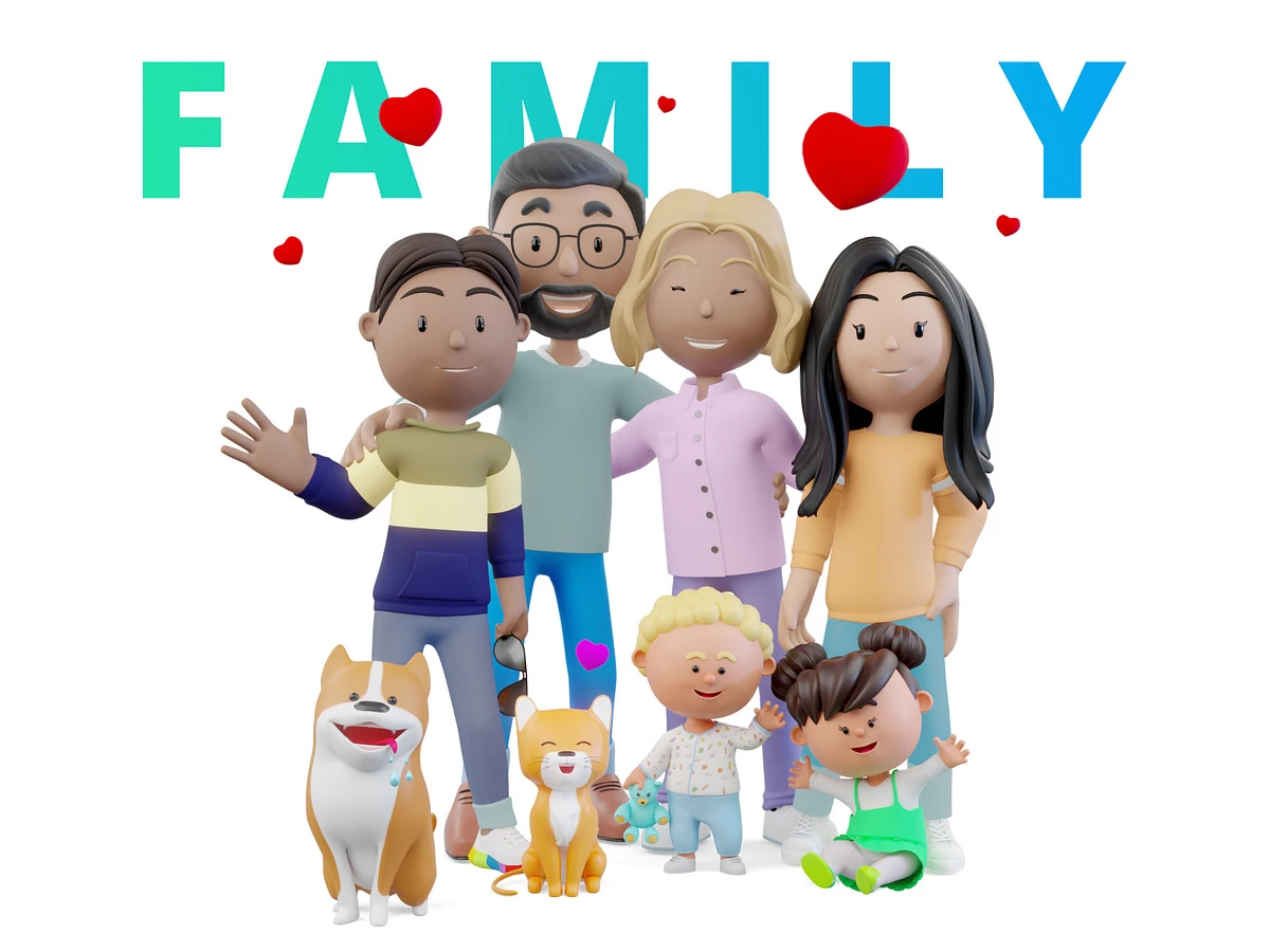 Stylized cartoon 3D family characters